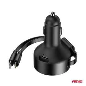 AMIO Nabíjačka do auta výsuvná C kábel + lightning kábel + USB C port 12/24V 60W_thumb5
