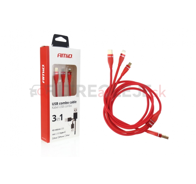 AMIO multi-kábel pre telefón USB C micro USB 120cm červený FullLINK 3.1A UC-7.jpg